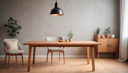 Minimal Scandinavian contemporary empty wooden table with sunlight. Simplistic Home office, Cafe, office and library