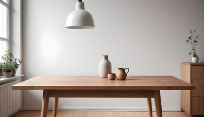 Minimal Scandinavian contemporary empty wooden table with sunlight. Simplistic Home office, Cafe, office and library