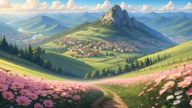 Experience the vibrancy of spring with this anime-style animation, showcasing a serene mountain landscape coming to life with fresh blooms and gentle breezes.