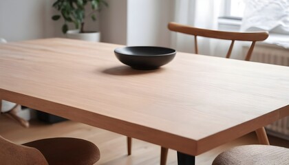 Minimal Scandinavian contemporary empty wooden table with sunlight. Simplistic Home office, Cafe, office and librar