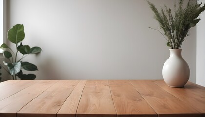 Minimal Scandinavian contemporary empty wooden table with sunlight. Simplistic Home office, Cafe, office and library	