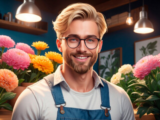 Blond man in flower shop.