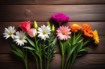 Beautiful colorful spring flowers on wooden background