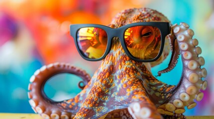 Funny octopus wearing sunglasses in studio with a colorful and bright background, 16:9