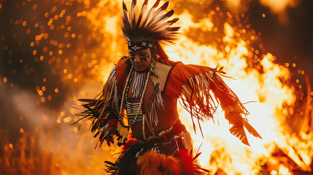 Energetic Native American Boy Dancing to Tribal Music Around a Bonfire. Concept of Creativity, Culture, and Celebration.