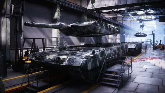 Production of military german battle tank leopard at the factory. Military factory weapon. Realistic 4k animation.