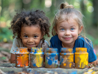 Cheerful diverse children playfully pose with colorful paint jars in a sunlit forest setting
