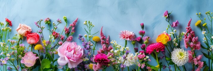 Stripe of multicolored flowers on blue background