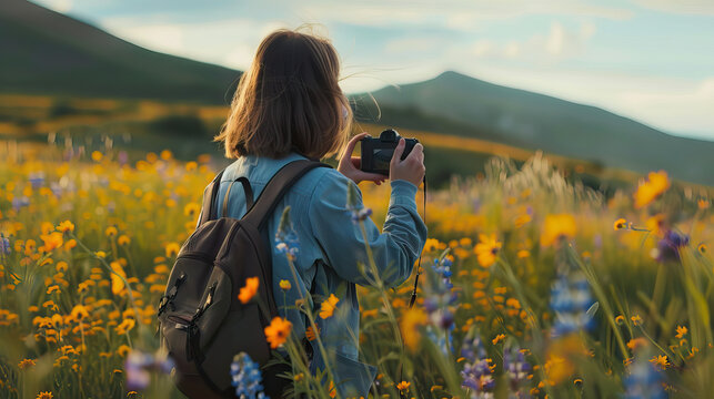 Curious Caucasian Woman Taking Photographs of Wildflowers in a Meadow. Concept of Creativity, Nature, and Exploration.