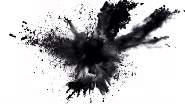 Explosive black powder particles drops splash, isolated on white backdrop