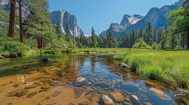 This vivid image showcases the iconic Yosemite Valley with its clear river, towering granite cliffs, and verdant meadows under a bright blue sky