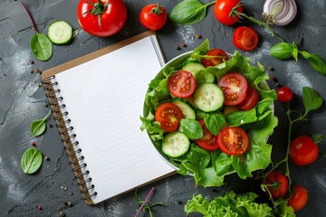 Fresh homemade vegetable salad with a notepad with space for text and view from above