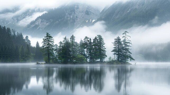 Beautiful tranquil landscape of mountain foggy forest