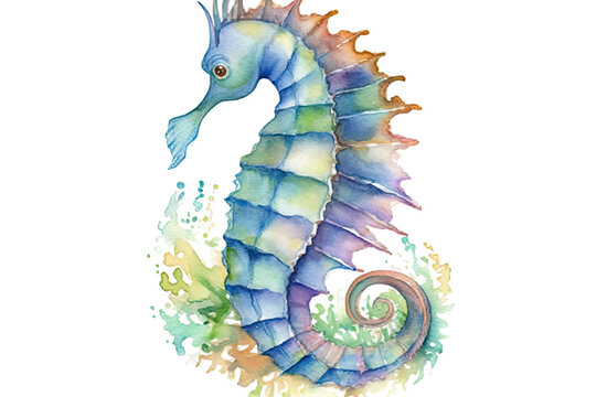 watercolor seahorse painting, blue, green, purple clip art preview