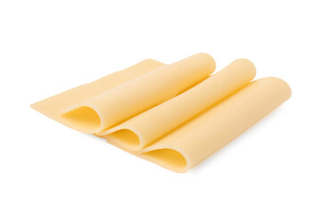 Slices of tasty fresh cheese isolated on white