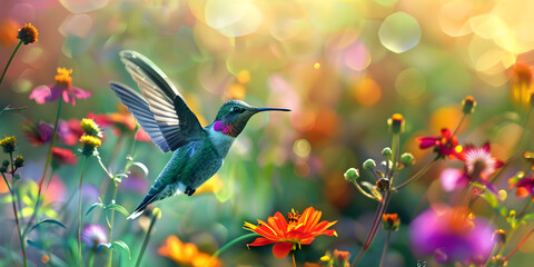 Hummingbird foraging in the flight  - obrazy, fototapety, plakaty