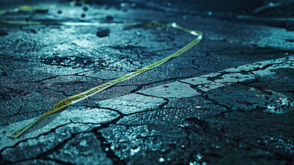 Murder Mystery: Crime Scene with Chalk Outline and Police Tape, Capturing the Aftermath of a Tragic Event, Prompting Viewers to Piece Together the Puzzle. - obrazy, fototapety, plakaty