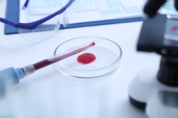 Dripping blood sample onto Petri dish on white table in laboratory, closeup