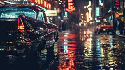 Noir Nostalgia: Vintage Car Parked on Rain-Slicked Streets, Reflecting the Glow of Neon Lights, Transporting Viewers to a Bygone Era of Glamour and Grit.