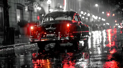 Fototapeten Noir Nostalgia: Vintage Car Parked on Rain-Slicked Streets, Reflecting the Glow of Neon Lights, Transporting Viewers to a Bygone Era of Glamour and Grit. © Lila Patel
