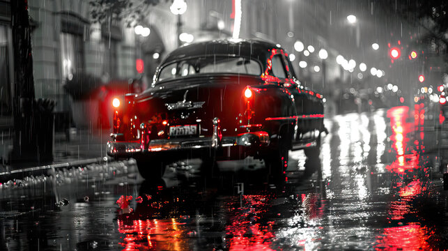 Fototapeta Noir Nostalgia: Vintage Car Parked on Rain-Slicked Streets, Reflecting the Glow of Neon Lights, Transporting Viewers to a Bygone Era of Glamour and Grit.