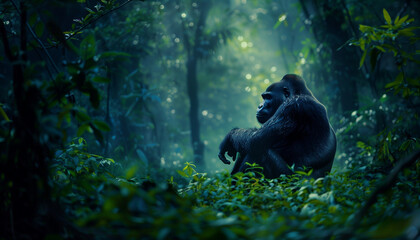 A silverback gorilla sits contemplatively in the misty quiet of its lush forest home