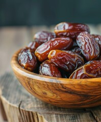 Olive wood bowl with dates and mint on a wooden background.