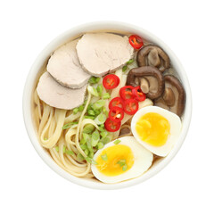 Delicious ramen with meat and eggs in bowl isolated on white, top view. Noodle soup
