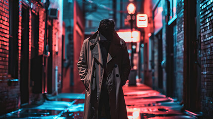 Mysterious Figure in a Trench Coat Standing Alone in a Dimly Lit Alley, Their Features Concealed by Shadows, Creating an Aura of Suspense and Intrigue. - obrazy, fototapety, plakaty