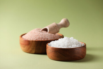 Different salt in bowls and scoop on green background