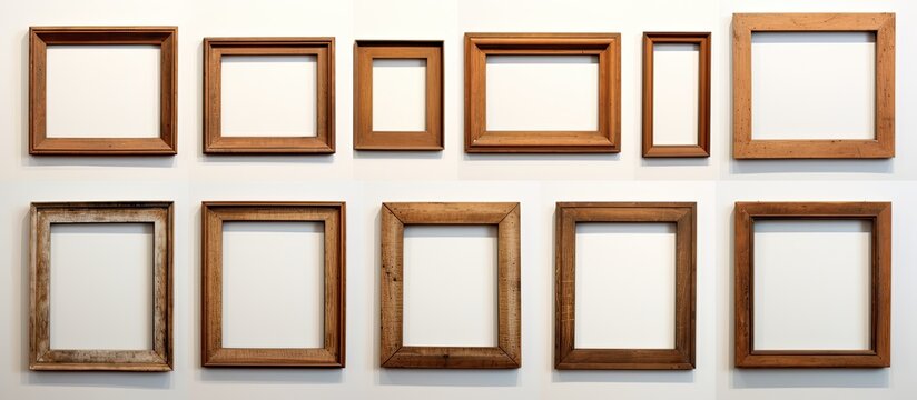 Various wooden frames in brown, beige, and wood stain hang on the wall. The rectangles feature different patterns and art, creating symmetry in the rooms decor