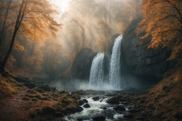 Fototapeta na wymiar Waterfall in the middle of the forest during the sun in a foggy morning, in autumn