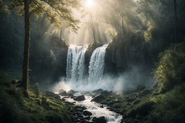 Waterfall in the middle of the forest during the sun in the misty morning