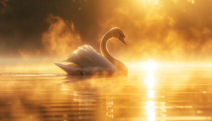 A swan glides on a misty lake bathed in the golden light of the sunrise