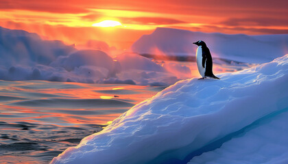A lone penguin stands on an icy ledge as the sunset casts a warm glow over the cold Antarctic landscape - obrazy, fototapety, plakaty