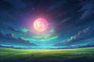 Fototapeta na wymiar Full moon and sky full of stars and aurora borealis in the middle of a quiet night with no people in a wide grass field. In anime style