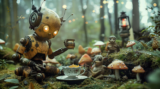 A robot serving tea to a group of woodland creatures in a fairy garden