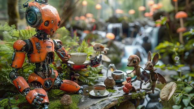 A robot serving tea to a group of woodland creatures in a fairy garden
