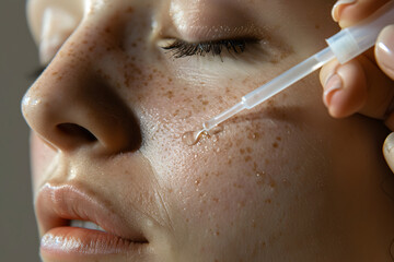 女性の頬のクローズアップ、美容液を塗るイメージ