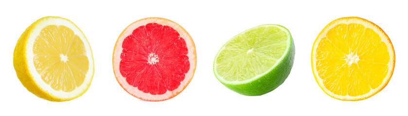 Citrus fruits. Cut fresh lemon, grapefruit, lime and orange isolated on white, set