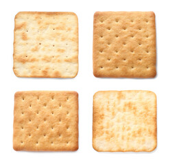 Set of delicious crackers isolated on white, top view