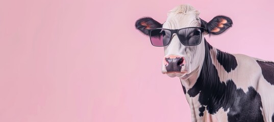Cheerful cow donning trendy sunglasses posing against a serene pastel color studio backdrop