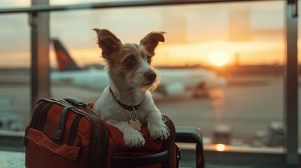 Dog Vacation travel. Cute terrier in a suitcase, the airport with an airplane in the background - obrazy, fototapety, plakaty