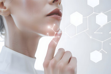 女性の肌のクローズアップと、科学薬品の分子のイメージで美容広告用画像