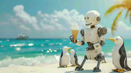 A robot serving ice cream to a group of surprised penguins on a tropical beach - obrazy, fototapety, plakaty
