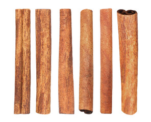Aromatic dry cinnamon sticks isolated on white, set