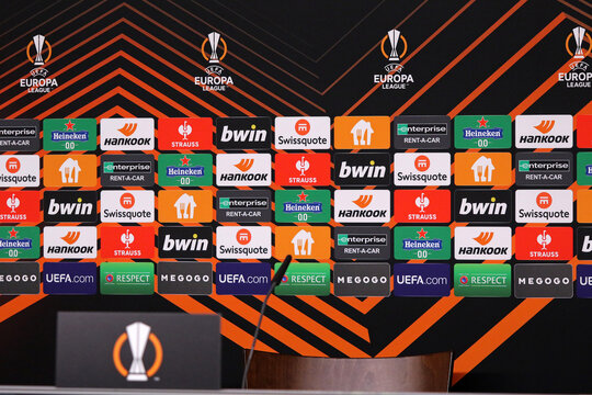 UEFA Europa League advertisement decoration signboard seen in press room after the UEFA Europa League game Shakhtar Donetsk v Marseille at Volksparkstadion in Hamburg