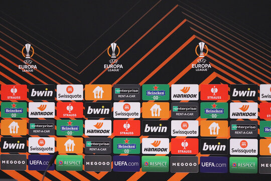 UEFA Europa League advertisement decoration signboard seen in press room after the UEFA Europa League game Shakhtar Donetsk v Marseille at Volksparkstadion in Hamburg