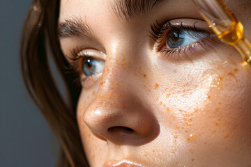 女性の頬のクローズアップ、美容液を塗るイメージ