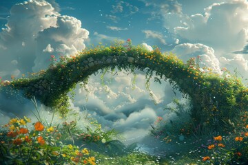 A wildflower bridge connects to two large clouds The atmosphere is like a fairy land - obrazy, fototapety, plakaty